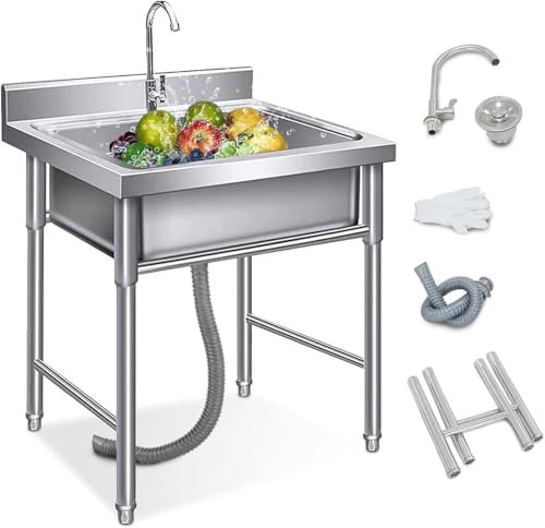 Freistehende Edelstahlspüle 1 Becken Spülbecken Einzelbecken Gewerbliche Spülbecken mit Ständer und Wasserhahn Außenspüle for Wäscherei, Garage, Restaurant, Bar