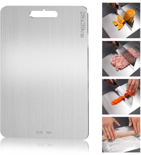 Planche à DéCouper en Titane, Planche a Decouper Inox, Planche à Découper Double Face de Qualité Alimentaire, Planche à découper pour Viande, Fruits, Fromage et Légumes (39 * 28cm)