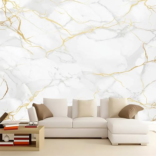 Papier Peint Panoramique 350 x 256 cm Marbre et Lignes Or Blanc, Tapisserie Photo en Intissé Effet 3D pour Salon et Chambre, Décoration Murale Trompe-l'œil Chic, Poster Mural XXL Moderne et Élégant HD