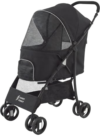 4 Wheels Pet Stroller,Easy-Foldable Dog Cat Cage Jogger Stroller with Weather Cover for All-Season,Storage Basket and Visible Mesh for Small/Medium Pets up to 33lbs (Black)