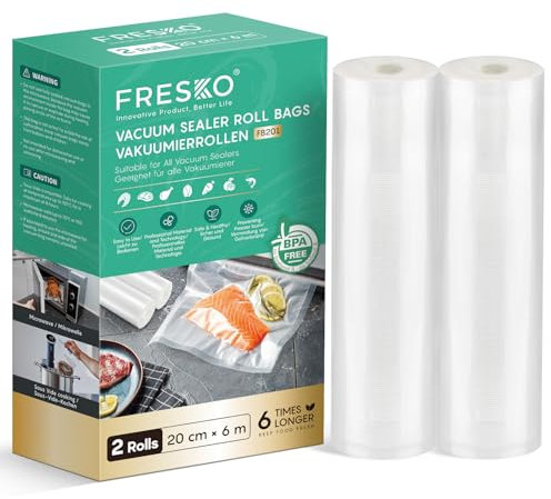 FRESKO Sac Sous Vide Alimentaire, 2 Rouleaux 20x600cm, Sacs de Conservation Réutilisables pour Congélateur, Compatible Machine de Mise Sous Vide, Film Sous Vide Alimentaire sans BPA