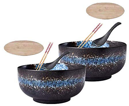 Keramik Ramen Schüssel Set mit Deckel, Löffel und Essstäbchen - Große tiefe Innenschale für Ramen, Pho, Nudelsuppe, Udon, Reisschale - 2 Stück