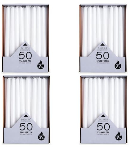 pajoma® Lot de 200 bougies à tige blanches - Hauteur : 25 cm - Durée de combustion : environ 7 heures - Sans parfum - Polyvalentes pour bougeoirs, décoration et occasions festives
