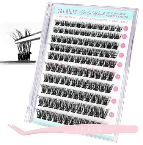 CALAILIS Selbstklebende Wimpern-Extensions Set mit Pinzette, D-Curl Wispy, 120 Pcs, Pre-Kleber Presse Wimpern (ZBP10, 10-16mm)