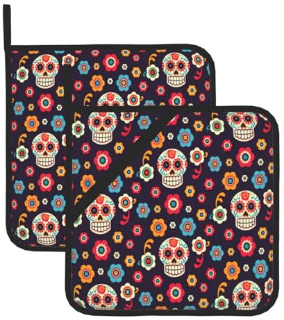 Juego de 2 almohadillas calientes con estampado de calavera mexicana adecuadas para cocina, hornear, chef, barbacoa, microondas