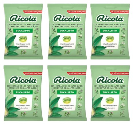 iChuches- Caramelos Ricola Sin Azúcar. Sabores Original, Limón Melisa, Eucalipto, Mentol, Flores De Sauco, y Arandano Rojo, En Bolsitas De 70gr. Pack de 6 Bolsitas (Eucalipto 6u X 70gr)