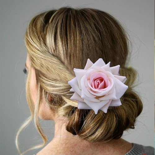 TseenYi Rose Blume Haarspange Große Blume Stoff Haarspange Rosa Blumen Haarnadel Rose Haarteil Braut Hochzeit Kopfspange Brosche Two Wayjewelry
