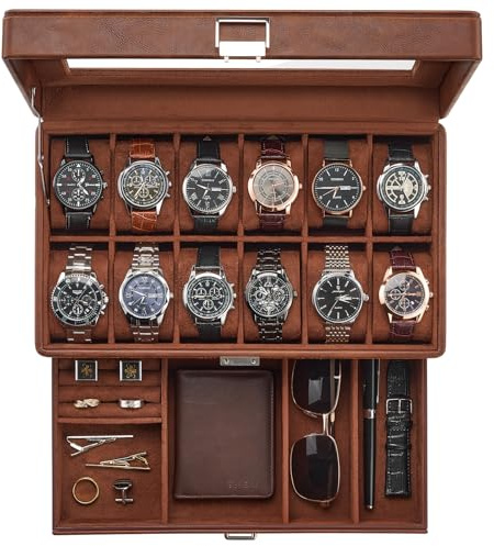ProCase Boîte Montre avec 12 Emplacements 1 Tiroir, Coffret Montre à 2 Niveaux, Range Montre en PU Cuir -Marron