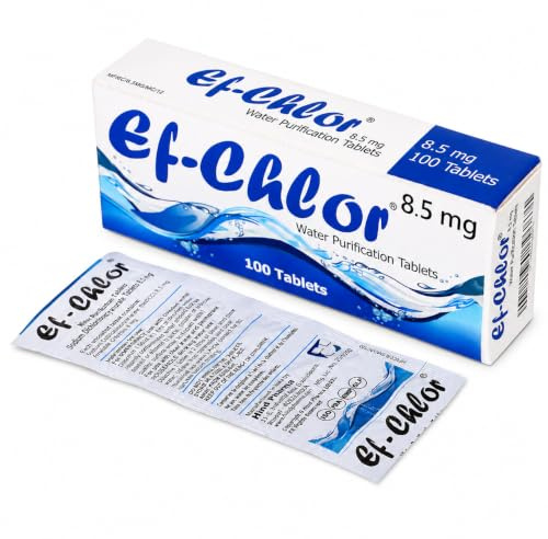 Ef-Chlor Water Purification Tablets 8.5 mg – 100 Tablets – Treats Up to 200L – Camping, Travel, Emergency Use – Purifies Cloudy or Clear Water in 30 Minutes