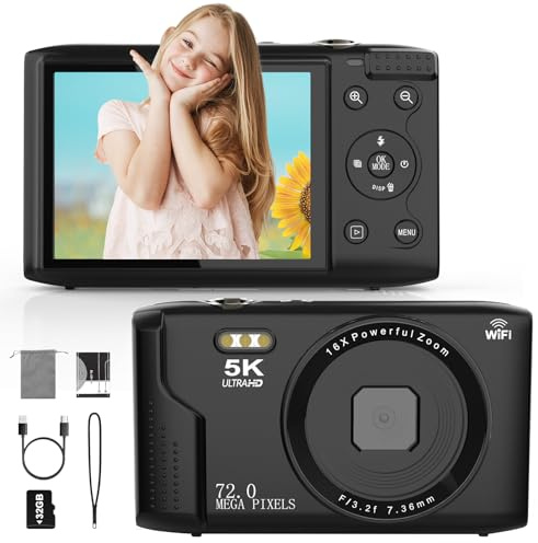 Appareil photo numérique 5K FHD 1080P 68 MP avec carte de 32 Go, zoom numérique 16x, appareil photo numérique portable simple pour enfants, étudiants, adolescents, débutants (noir)