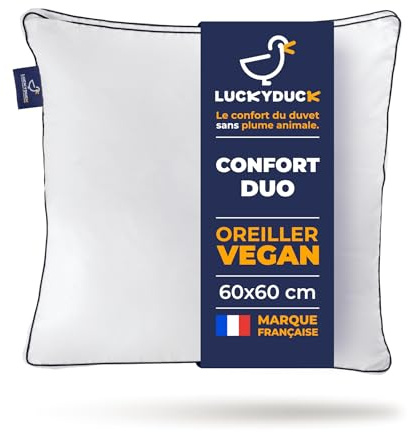 Luckyduck Oreiller Duo 60x60 - Une Face Ferme, Une Face Moelleuse - Garnissage Microfibre 1 Face et Polyester silliconnée Seconde Face- Percale Coton - Soutien Personnalisé - Lavable en Machine