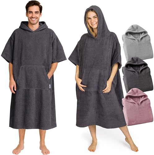 CalmyBEACH Frottee Badeponcho Damen Herren - Strandponcho 100% Baumwolle Surf Poncho Erwachsene Handtuch Kapuze Bade Surfponcho Bademantel (Anthrazit, L/XL)