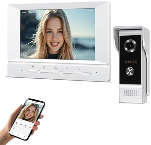 QttyElok 7 Pollici 1080P HD TUYA WiFi Video Campanello Interfono Sistema per Casa, Videocitofono con Monitor, Fotocamera Visione Notturna IR, Supporto Registrazione, Sblocco Remoto APP