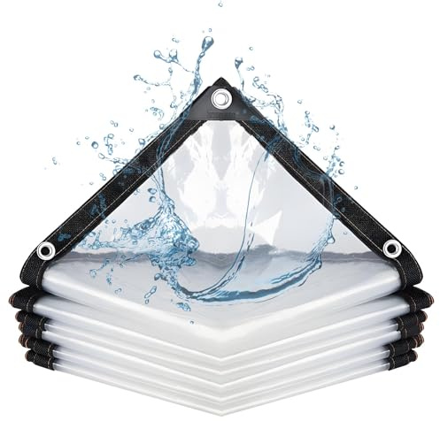 Clear Tarpaulin Heavy Duty Waterproof, 5x10m Transparent Vinyl Tarpaulin with Grommets, Outdoor Plastic Tarp Cover for Patio Enclosure Greenhouse Chicken Coop Garden Roof Plant Shelter