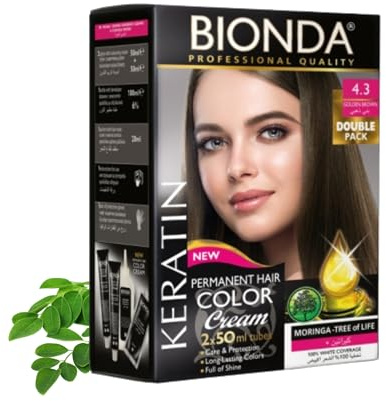 Bionda Professional Hårfärg 4.3 Guldbrun 200 ml Dubbelpack Keratin | Permanent cremefärg med keratin och moringa som täcker grått till 100% och ger jämn, långvarig färg med lyster