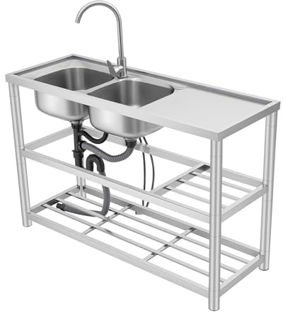 Lavabo indipendente in acciaio inox, doppia ciotola, mobile per catering, con ripiano, per uso commerciale, con rubinetto a freddo, per appartamenti, ristoranti, 120 x 45 x 80 cm