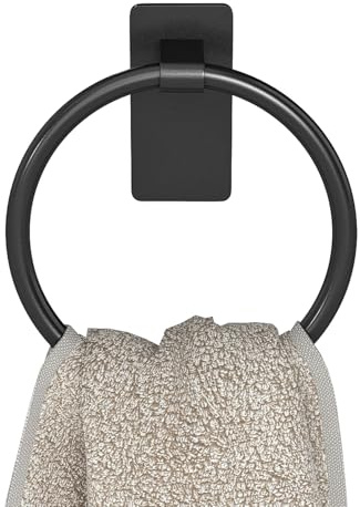 STWWO Adhesive Towel Ring, Hand Towel Holder for Bathroom, Adhesive Round Towel Ring for Bath RV, Black