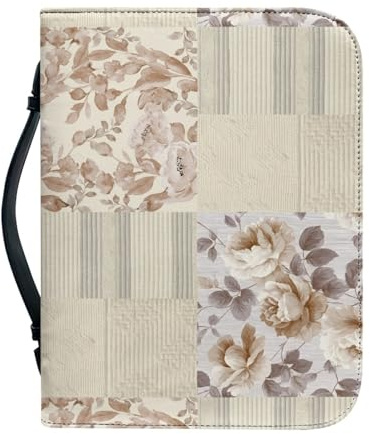 Bibelhülle Beige Grid Mit Griff Und Reißverschluss Tasche, Leder Groß Für Männer Frauen, Bibel Buchtasche Prägung Wasserdicht Tragbar 23.4x4.1cm