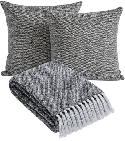 Marrakesch 3er Set Calix Dunkelgrau Tagesdecke 125x150 & 2 Kissenbezüge 40x40 aus Baumwolle | Boho Sofaüberwurf mit Fransen & 2 Zierkissen ohne Füllung | Dekokissen & Couchdecke Wohnzimmer Deko