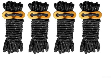 Gdfnmogo Reflektierendes Abspannseil, 4 mm x 4 m, für Camping-Zelt, winddicht, langlebig, PP- und Polyester-Mischgewebe mit 150 kg Stärke, inklusive Spannverstellern (4 Stück, schwarz)