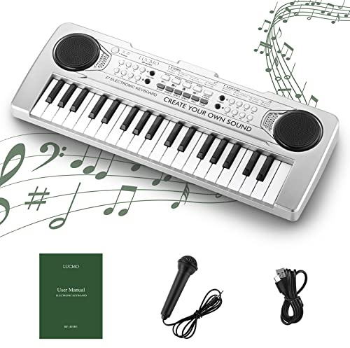 LUCMO Piano numérique électronique à 37 touches avec microphone pour enfants - Cadeau idéal pour les débutants - Argenté