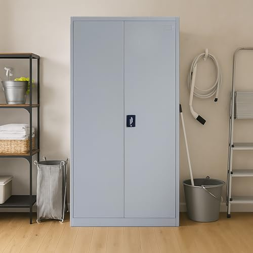 Bissolo Casa Armadio da Esterno in Metallo Grigio 2 Ante con Ripiani e Serratura 90x45x180 cm Armadio Multiuso, Porta Scope, Impermeabile o per Ufficio, Garage e Lavanderia
