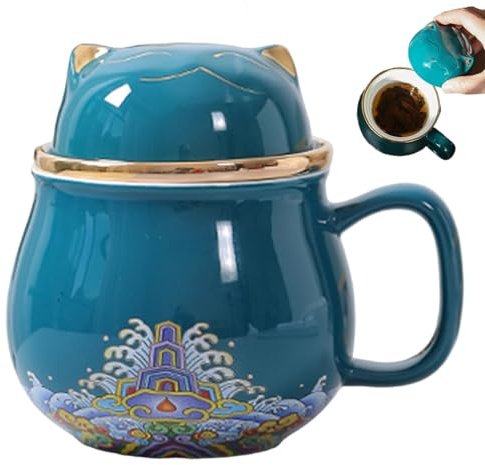 Tasse à thé en feuilles mobiles avec infuseur et couvercle, tasse en céramique pour chat de 320ml, tasses pour chat mignon pour sachet de thé, café, lait, voyage, bureau, maison