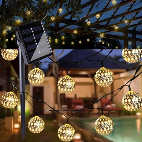 Weiongppy Solaire Guirlande Lumineuse Exterieure Blanc Chaud,8 Modes Solaire Guinguette Exterieur,IP65 Étanches Guirlande Lumineuse Led Marocaine Pour Jardin Balcon Mariage Fête - 12M 100LED