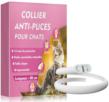 Collier Anti Puces Chat, Réglable et Imperméable, 48 cm | Huiles Essentielles Botaniques, Réglable, Souple, Léger et Résistant à l’Eau