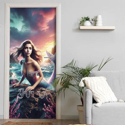 Türtapete selbstklebend | personalisiert mit Namen | 200 x 90 cm Fantasy Meerjungfrau realistisch | Tür Aufkleber Poster Türfolie | Einteilig | Wasserfest 3D Türaufkleber Wandtattoo Türposter Teenager