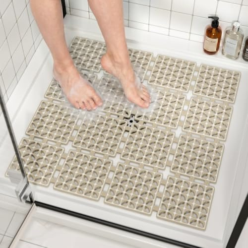 HITSLAM Alfombra Ducha Antideslizante, 60x60 cm Alfombrilla Ducha TPE Suave Sin Olor, Cortable a Medida, Tapete de Baño Cuadrado con Ventosas y Orificios de Desagüe, Caqui