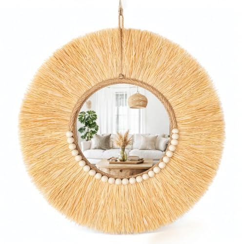 EVERGOODS Boho Raffia Round Wall Mirror 33.5 cm, Handmade Natural Straw Decorative Mirror with Wooden Beads, Rustic Bohemian Wall Decor for Bedroom, Living Room, Bathroom, Entryway