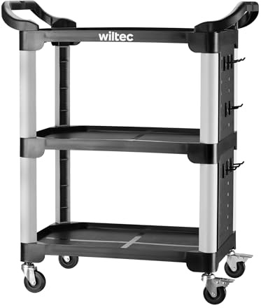 Wiltec Rullvagn typ 03 med 3 hyllplan 150 kg bärkraft, serveringsvagn 87 x 43 x 66 cm i plast för verkstad, garage och hemma