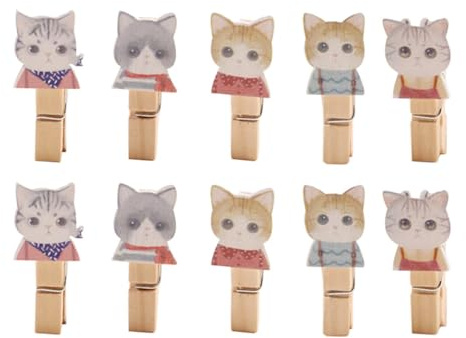 UPKOCH Mollette Portafoto in Legno 10 Pezzi con Design Gatto Decorativo per Collage Foto e Decorazioni da Parete con Corda 1,2m per Feste e Carte