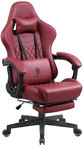 Dowinx Gaming Stuhl Bürostuhl Ergonomischer PC-Stuhl mit Massage Lendenwirbelstütze, Racing Stil PU Leder Hohe Rückenlehne Verstellbarer Drehsessel mit Fußstütze (Weihnachtsrot)