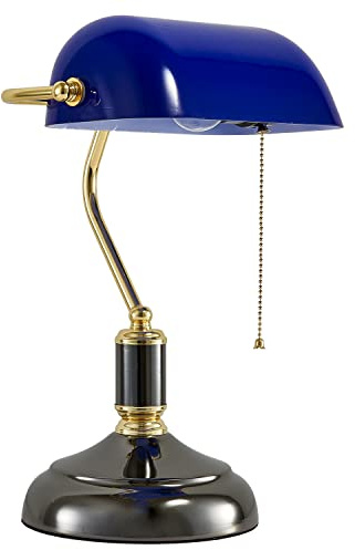 Yeefamons Traditional Bankers Lamp, Handmade Emerald Blue Glass Shade,with Pull Chain Switch Plug in Fixture,Vintage Office Table Light, Antique Style Desk Lamps for Office, Library
