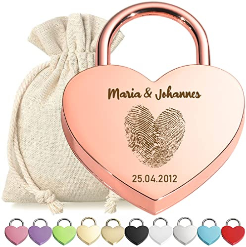 Liebesschloss Herz-Schloss Bügelschloss Rose Gold mit Gravur - Motiv Herz Fingerabdruck - personalisiert - eloxiert - Stoff-Geschenkbeutel - Valentinstag, Jahrestag - Pärchen Geschenk - Present