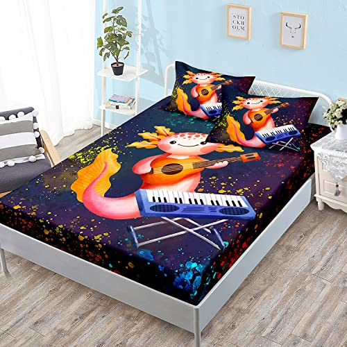 HOSIMA Axolotl Bedding Set for Kids Bedroom Decor, Cute Cartoon Sea Animals With Colorful Background, Kawaii Toddler Twin Fitted Sheet With 2 Pillowcases