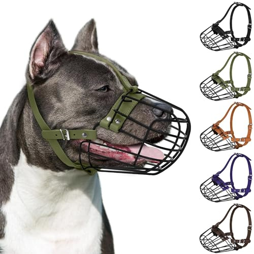 Pitbull Maulkorb für Hunde, atmungsaktiv, Metallkorb für große Hunde, Amstaff Staffordshire Terrier, sichere Drahtmaske, verstellbar, langlebig, Lederriemen, Beißen, Kauen, Bellen (Olivgrün)