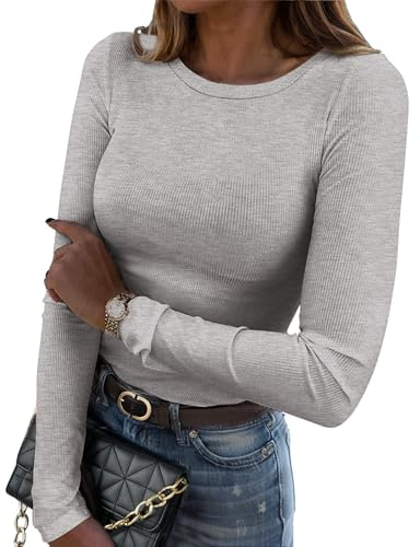 Zeagoo Womens Long Sleeve Stretch Crewneck Ribbed T-Shirt Fitted Casual Basic Tops Trendy Summer Clothes Grey
