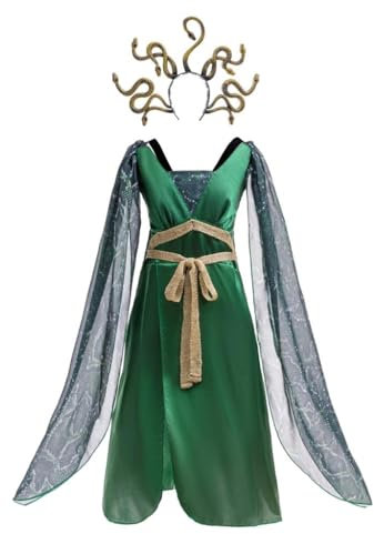 Lito Angels Medusa Fancy Dress Up Halloween Costume with Gold Snakes Headband for Kids Girls Age 5-6 Years, Green