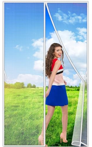 Insektenschutz Tür Vorhang Polyester Lamellenvorhang, 85x140cm mit Heavy Duty Mesh & Full Frame Klettverschluss Klemmleiste Fliegenvorhang Weiß Anpassbare