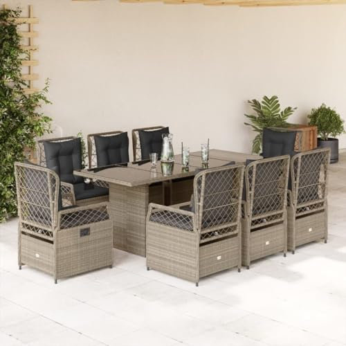 Homgoday Gartenmöbel-Set, 9-teilig, mit Kissen, hellgrau, Polyrattan, Gartenmöbel, Tisch und Stühle für den Außenbereich, Modell 3262941