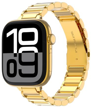 ARTCHE Slim Watch Strap for Apple Watch Straps Women 42mm 41mm 40mm 38mm, Thin Glossy Stainless Steel Band, Compatible with iwatch Straps Series 10/9/8/7/6/SE/5/4/3/2/1, Lightweight & Elegant, Gold