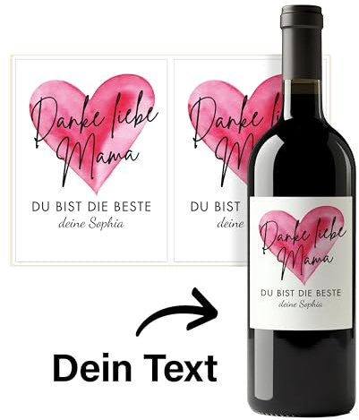 Flaschenetiketten Muttertag selbst gestalten – 2 Aufkleber mit Namen selbst gestalten – selbstklebend, wasserfest – Sticker für Wein, Sekt Geschenk – personalisiertes Muttertagsgeschenk – HERZ