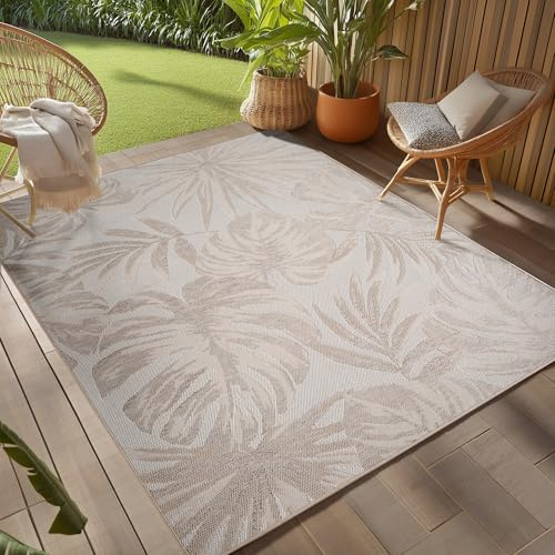 Teppium Tappeto da Esterno Beige 120x170 cm, Resistente agli Agenti Atmosferici & UV, Ideale per Cucina, Balcone, Terrazza, Soggiorno e Sala da Pranzo, Design di foglie di palma