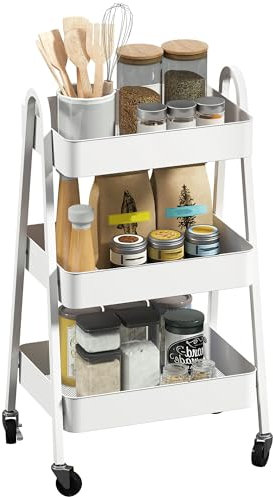 HOMCOM Servierwagen mit 3 Ebenen Küchenwagen mit Rollen Griff Rollwagen mit Bremse Küchenregal Küchenrollwagen Allzweckwagen für Küche Büro Badezimmer, Weiß