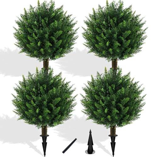Grewyear 4PCS UV Resistant Fake Bushes Artificial Shrubs for Outdoors | Cedar Topiary Ball Trees / Faux Greenery / No Fade / Sturdy Build / No Maintenance / with Spike / Front Porch Decor