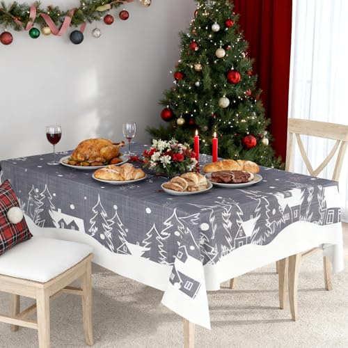 PureHaus Weihnachtstischdecke Den Grauen 140x140 cm, Wasserfest Weihnachten Häuser Baum Elch Tablecloth für Winter Ferien Wohnkultur, Festliche Deko für Weihnachten Silvester