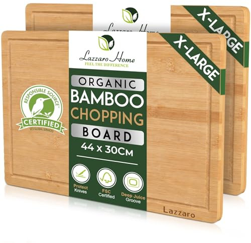 Lazzaro X-Large Bamboo Chopping Board Set of 2 (44 x 30 x 2cm) - Double Sided Wooden Cutting Boards Deep Juice Grooves - Kitchen Boards for Meat, Vegetables, Fruit & Bread